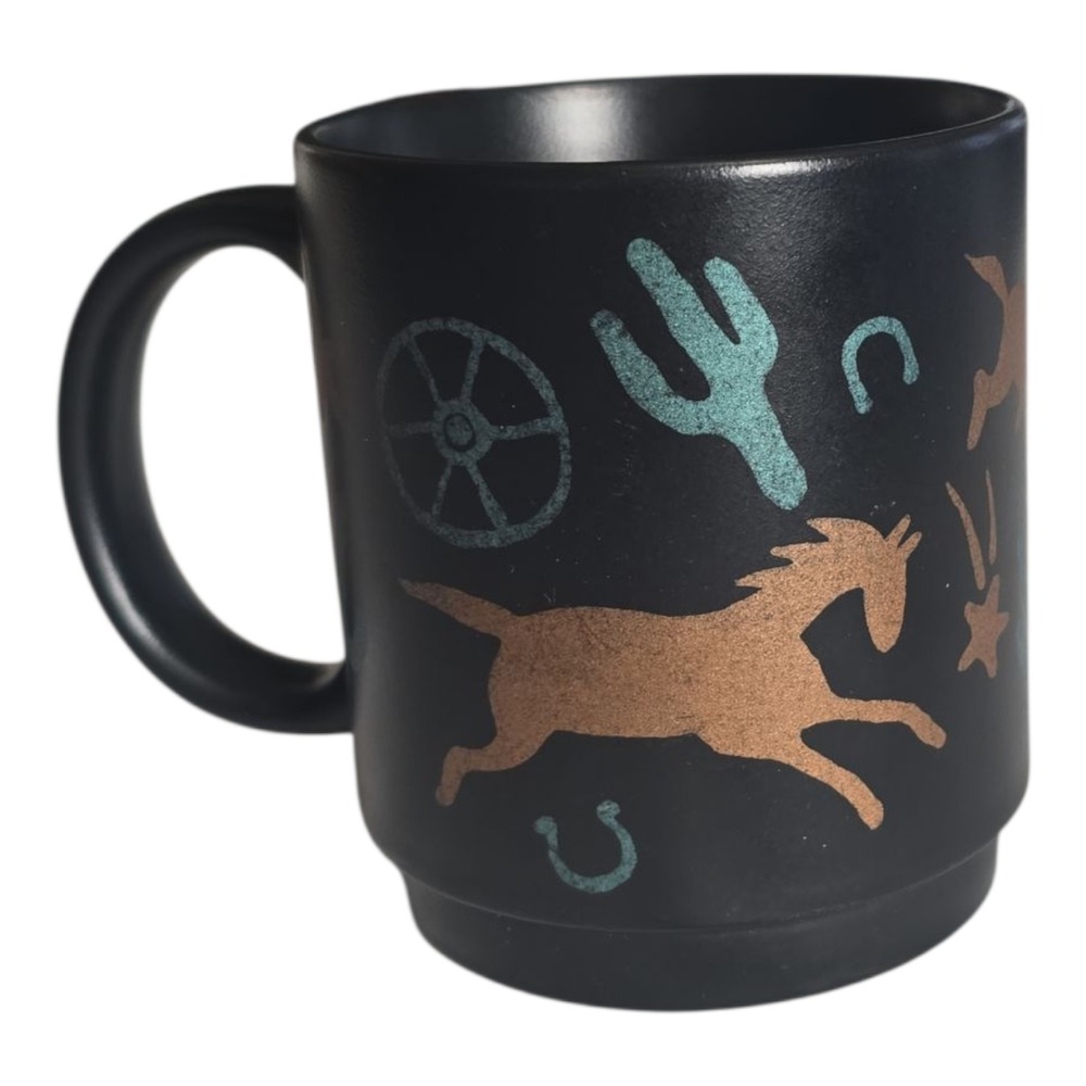 P. Moats Mustang Coffee Mug Black 10 oz Protective Ring Made In Japan Signed